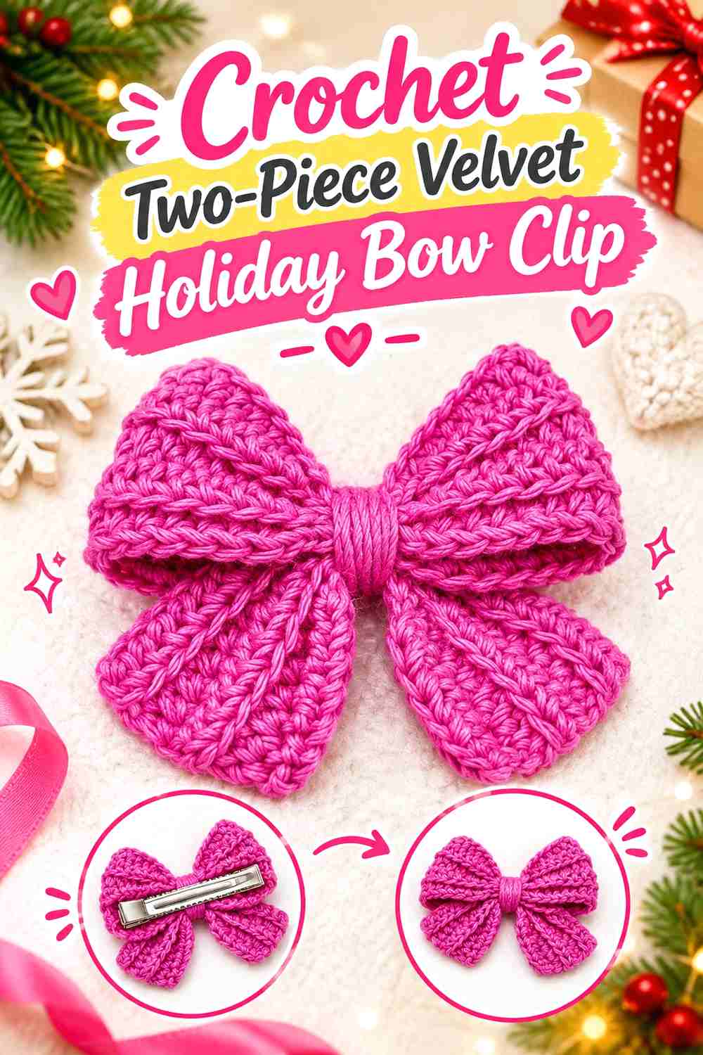 13. Crochet Two-Piece Velvet Holiday Bow Clip