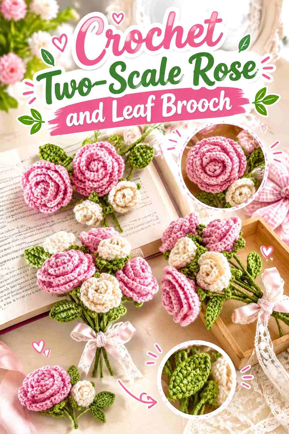 3. Crochet Two-Scale Rose and Leaf Brooch
