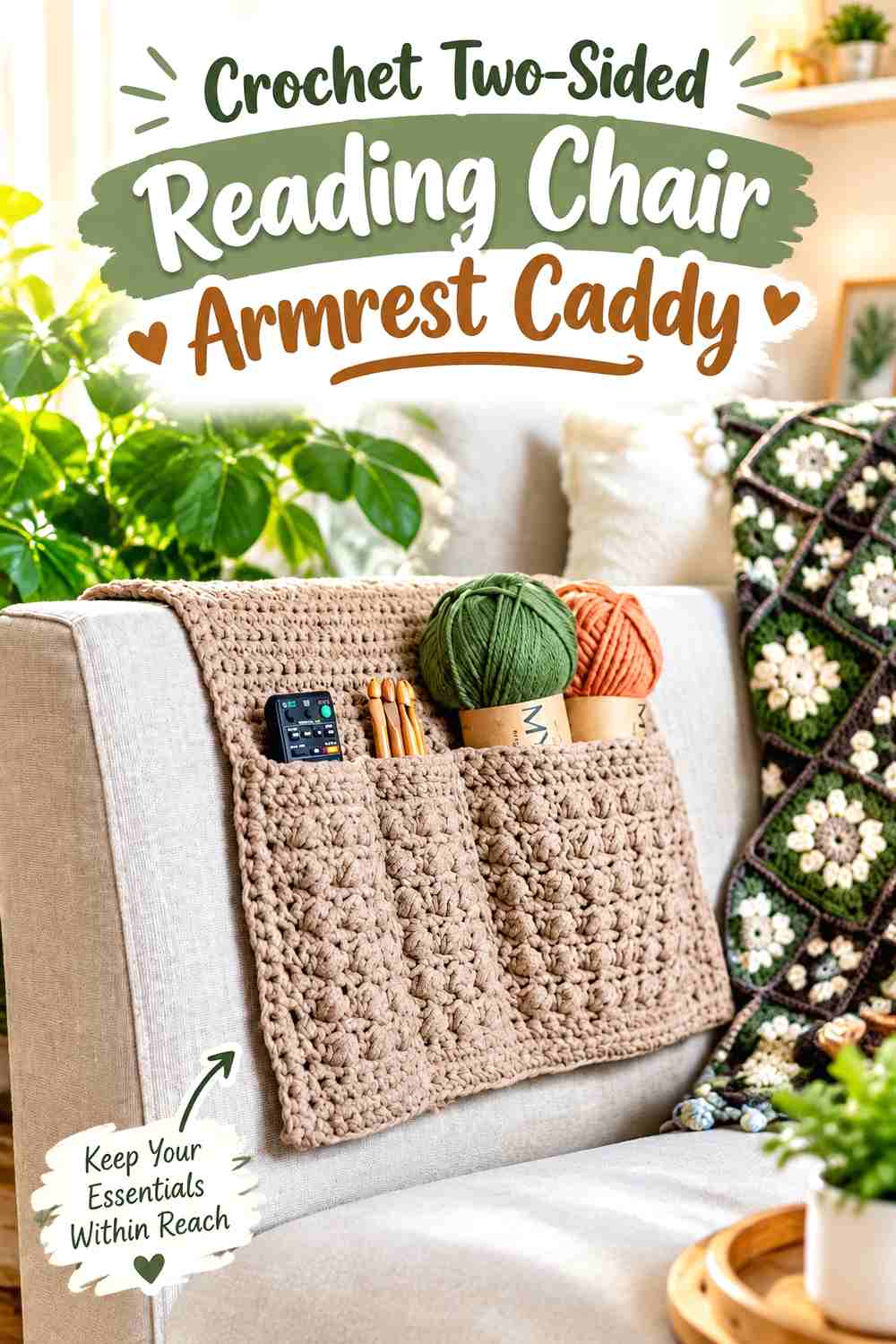 8. Crochet Two-Sided Reading Chair Armrest Caddy