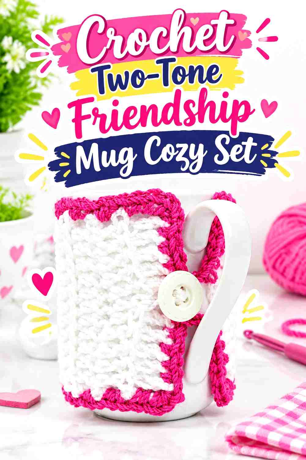 8. Crochet Two-Tone Friendship Mug Cozy Set