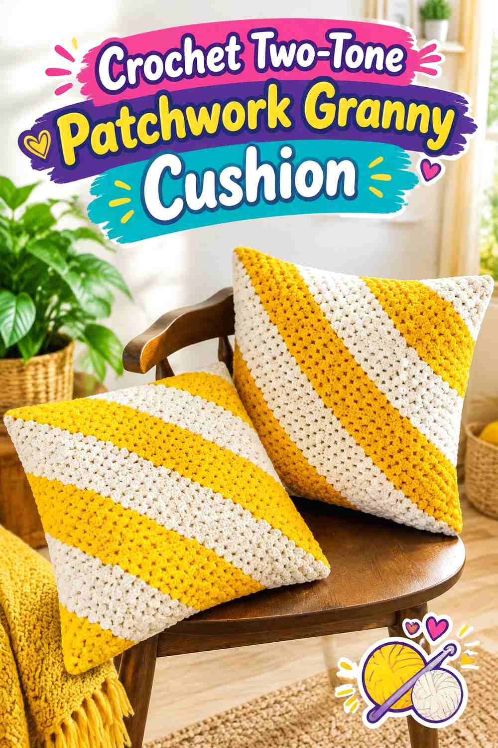 4. Crochet Two-Tone Patchwork Granny Cushion