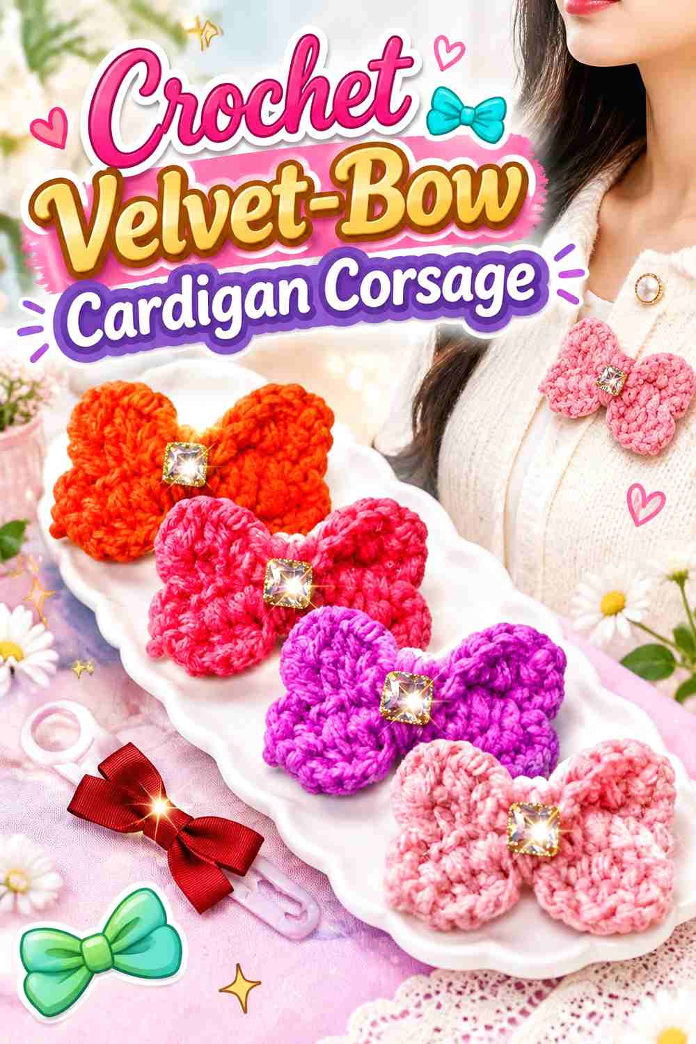6. Crochet Velvet-Bow Cardigan Corsage