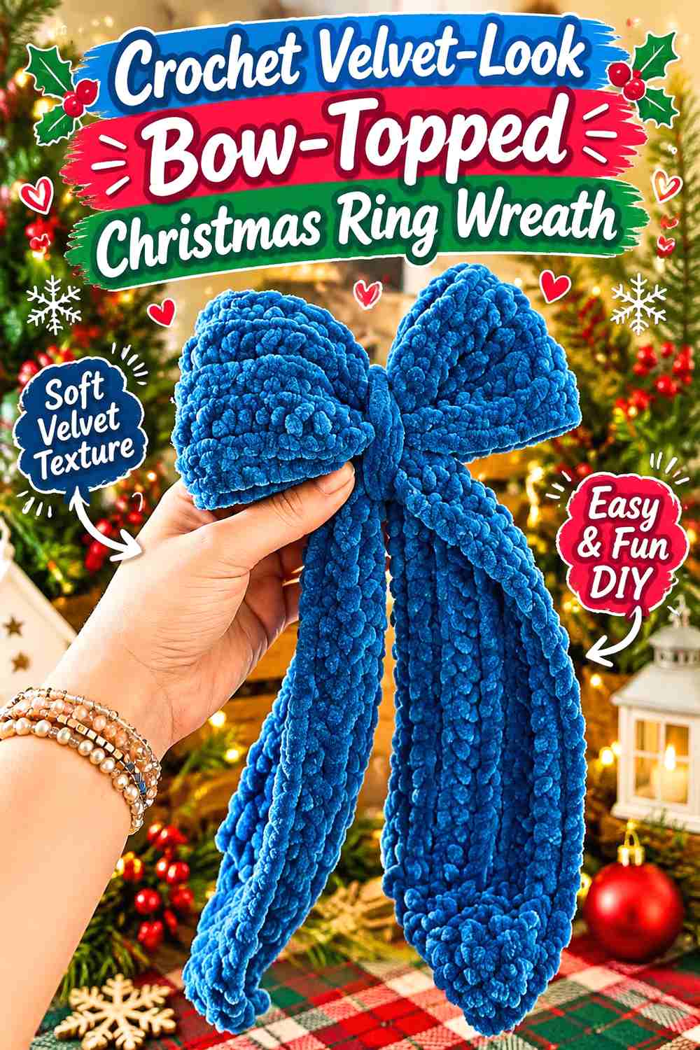 2. Crochet Velvet-Look Bow-Topped Christmas Ring Wreath