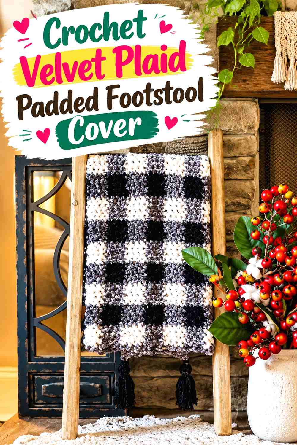 11. Crochet Velvet Plaid Padded Footstool Cover
