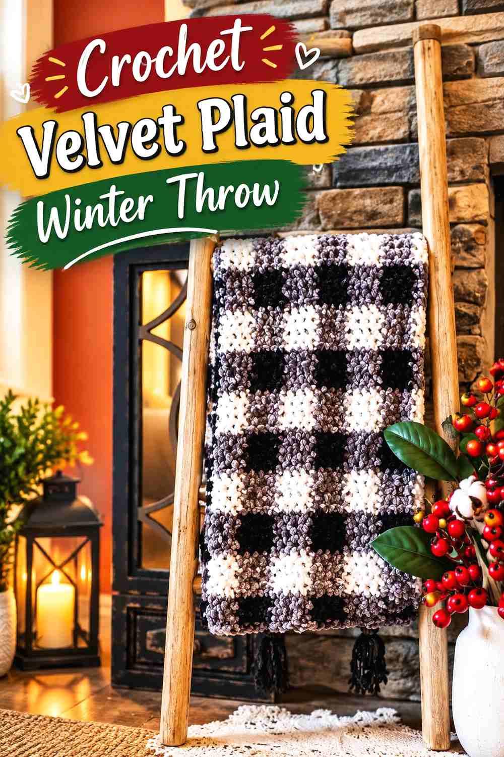 14. Crochet Velvet Plaid Winter Throw
