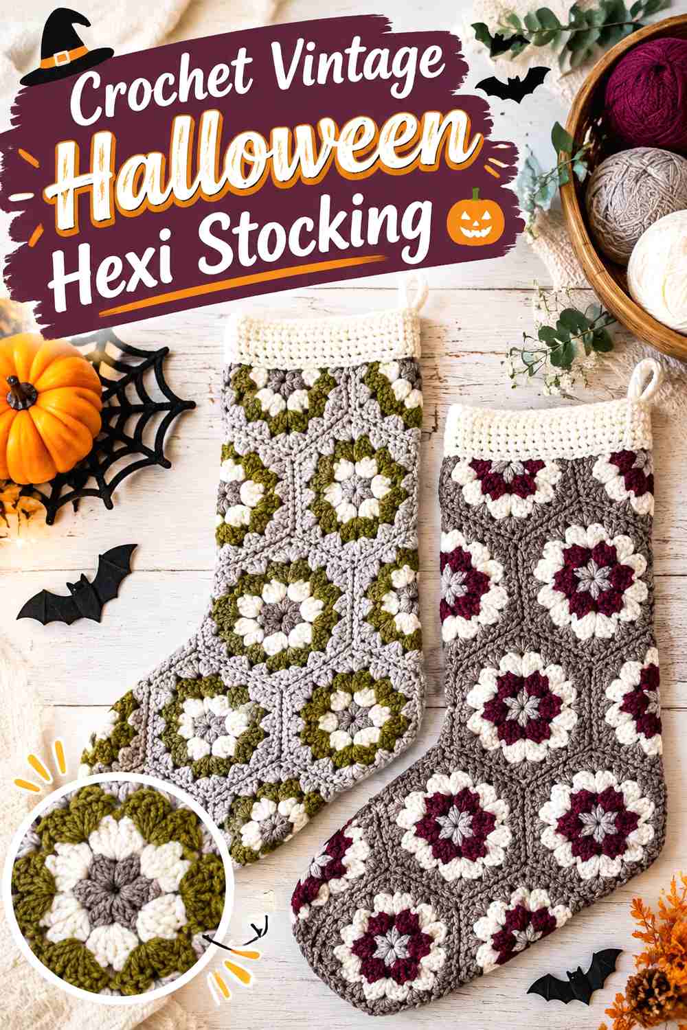 9. Crochet Vintage Halloween Hexi Stocking