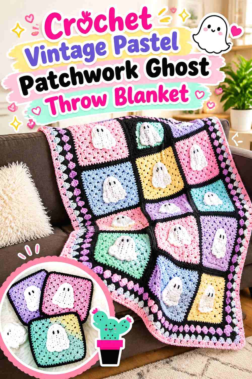 1. Crochet Vintage Pastel Patchwork Ghost Throw Blanket
