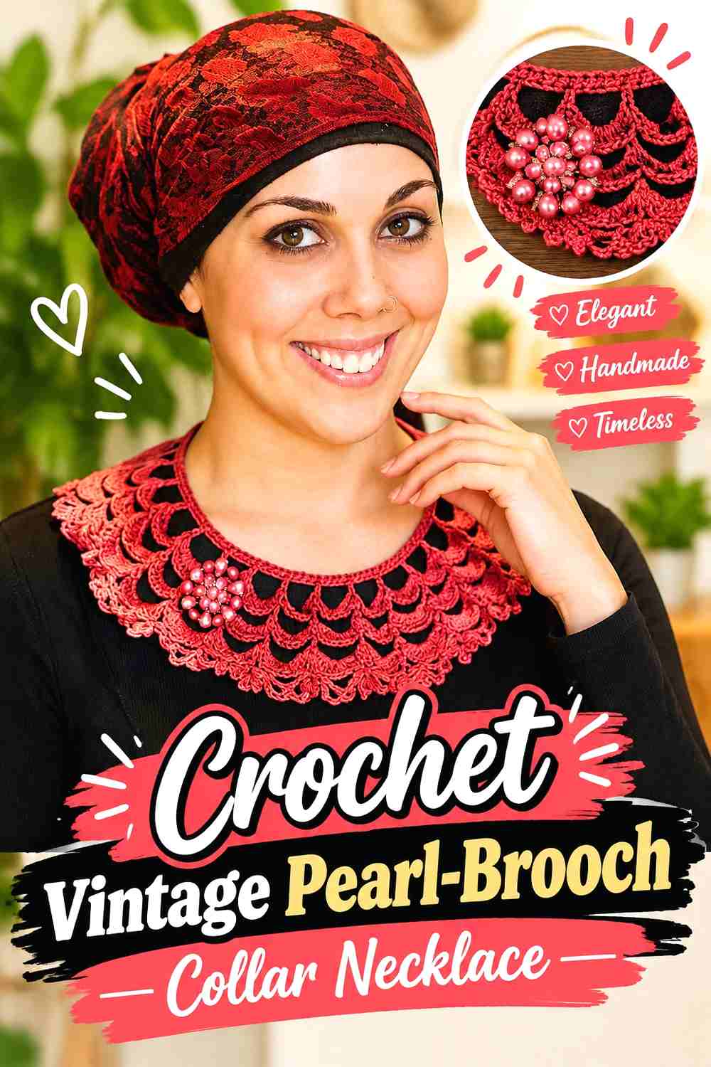 17. Crochet Vintage Pearl Brooch Collar Necklace