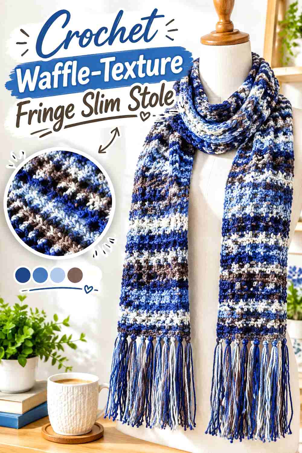 16. Crochet Waffle Texture Fringe Slim Stole