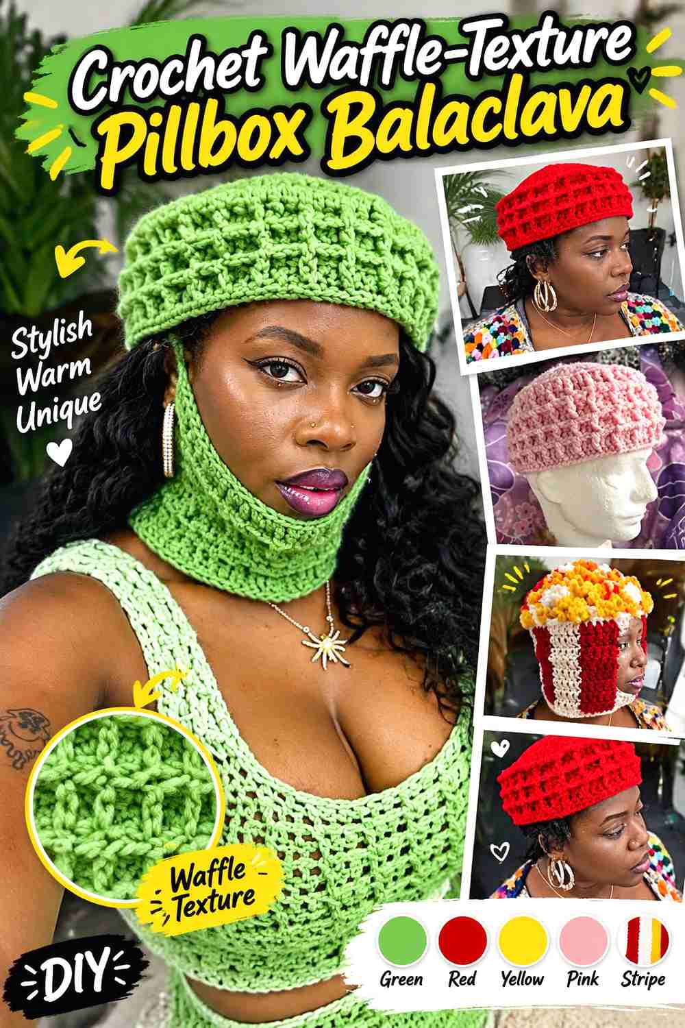 4. Crochet Waffle-Texture Pillbox Balaclava