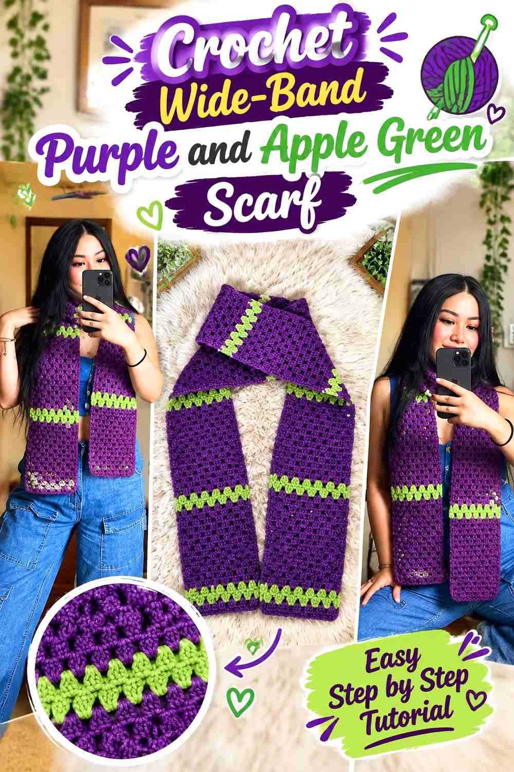 3. Crochet Wide-Band Purple and Apple Green Scarf
