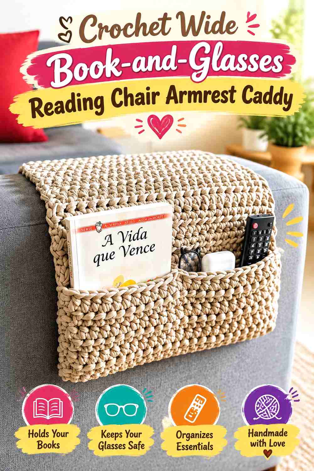 10. Crochet Wide Book-and-Glasses Reading Chair Armrest Caddy