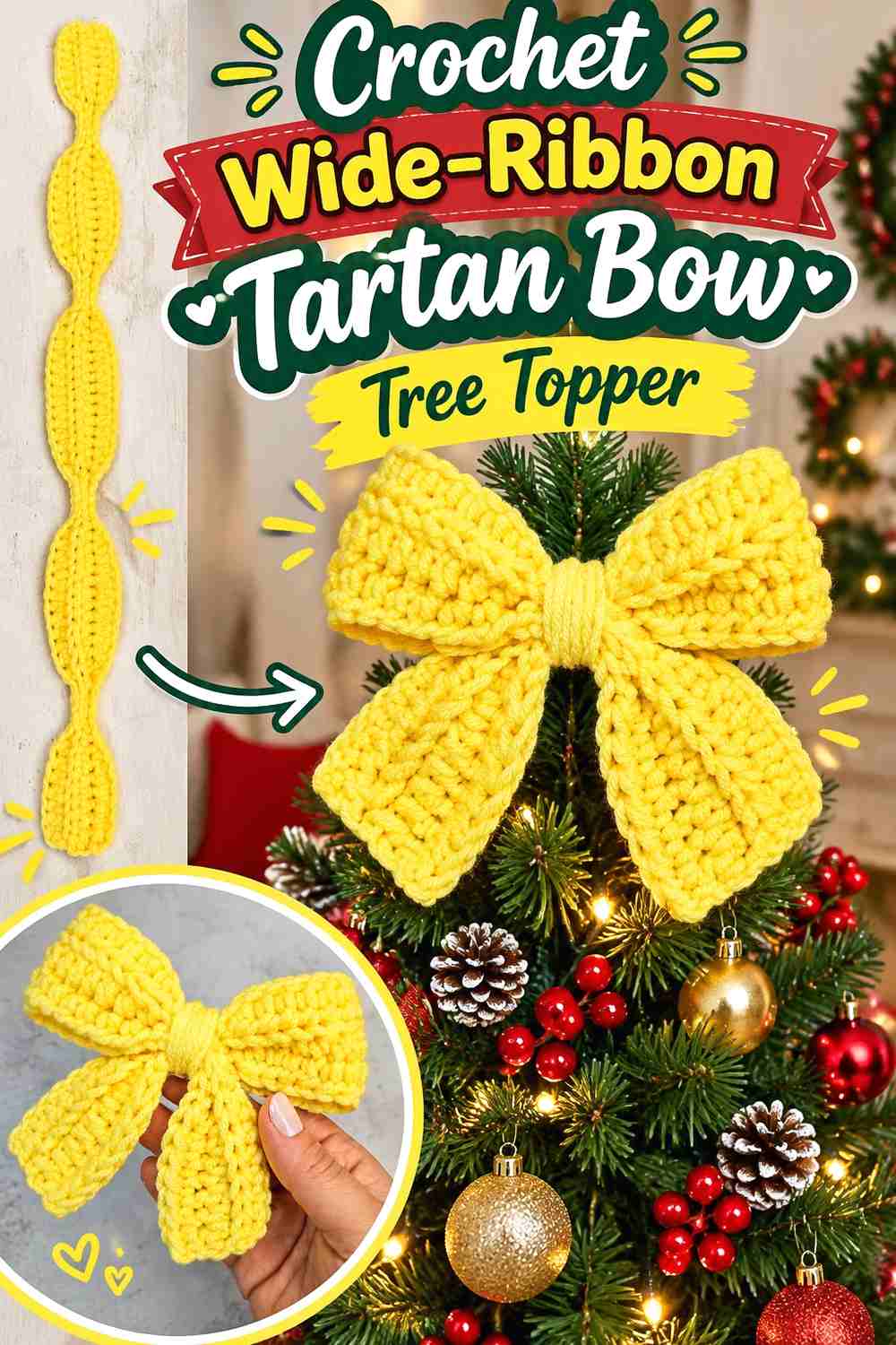 3. Crochet Wide-Ribbon Tartan Bow Tree Topper