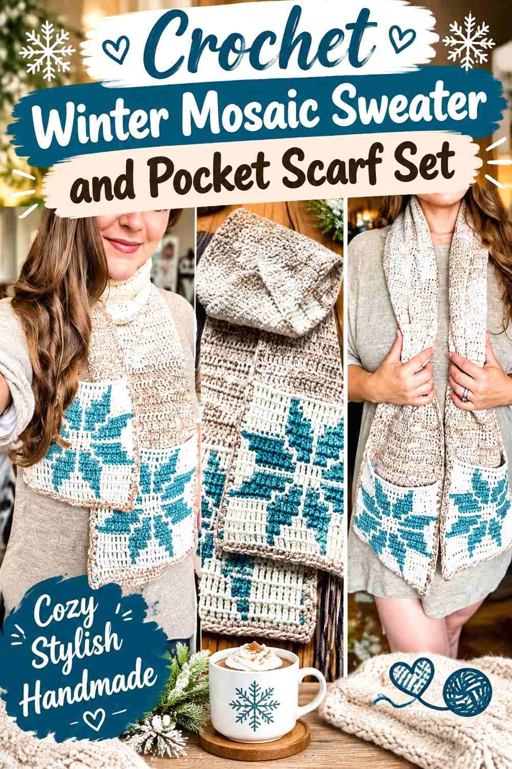 15. Crochet Winter Mosaic Sweater and Pocket Scarf Set