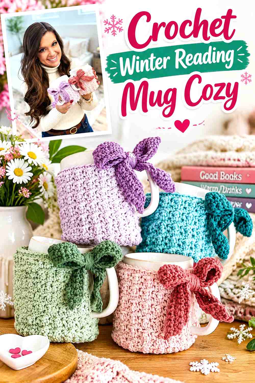 6. Crochet Winter Reading Mug Cozy