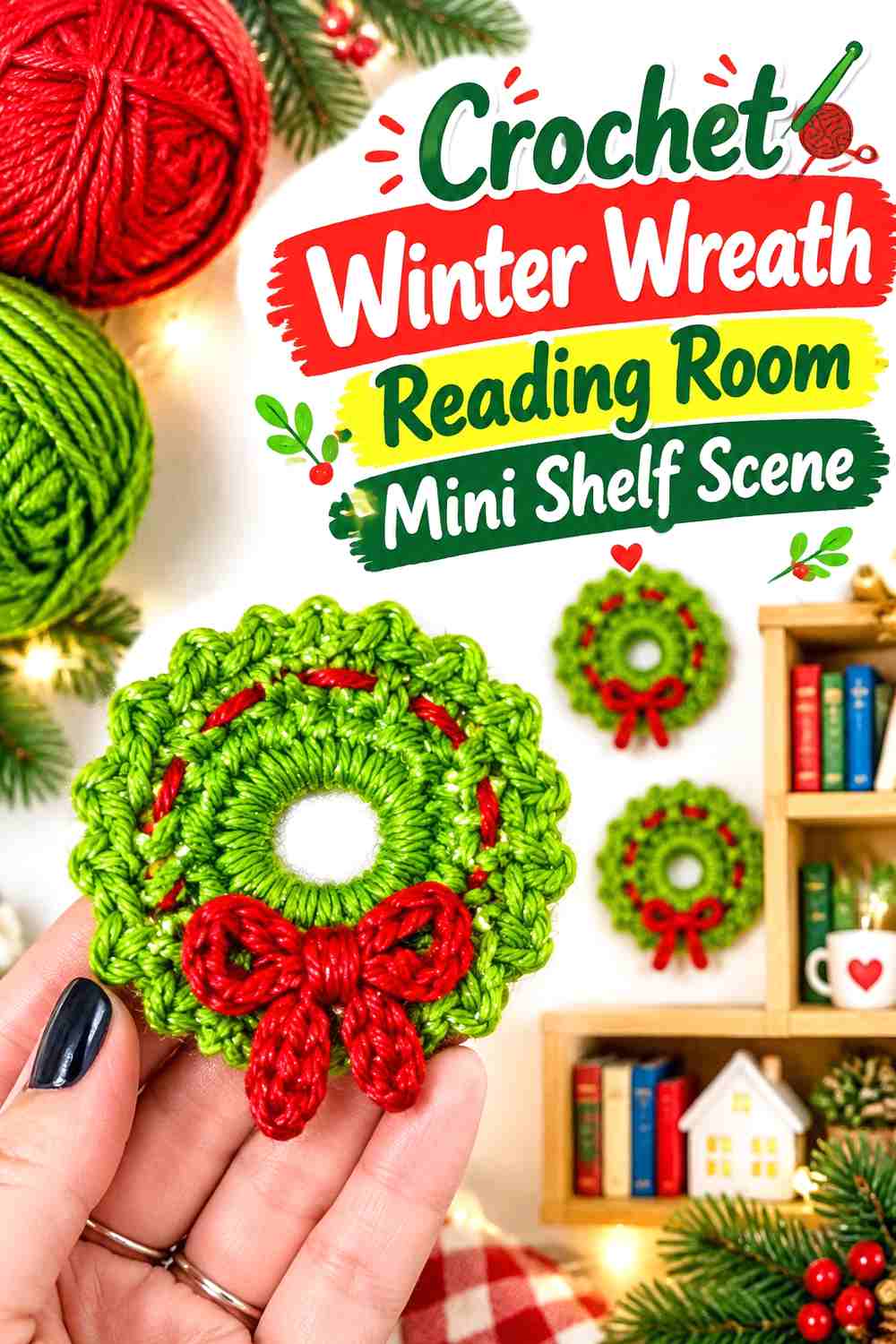 9. Crochet Winter Wreath Reading Room Mini Shelf Scene