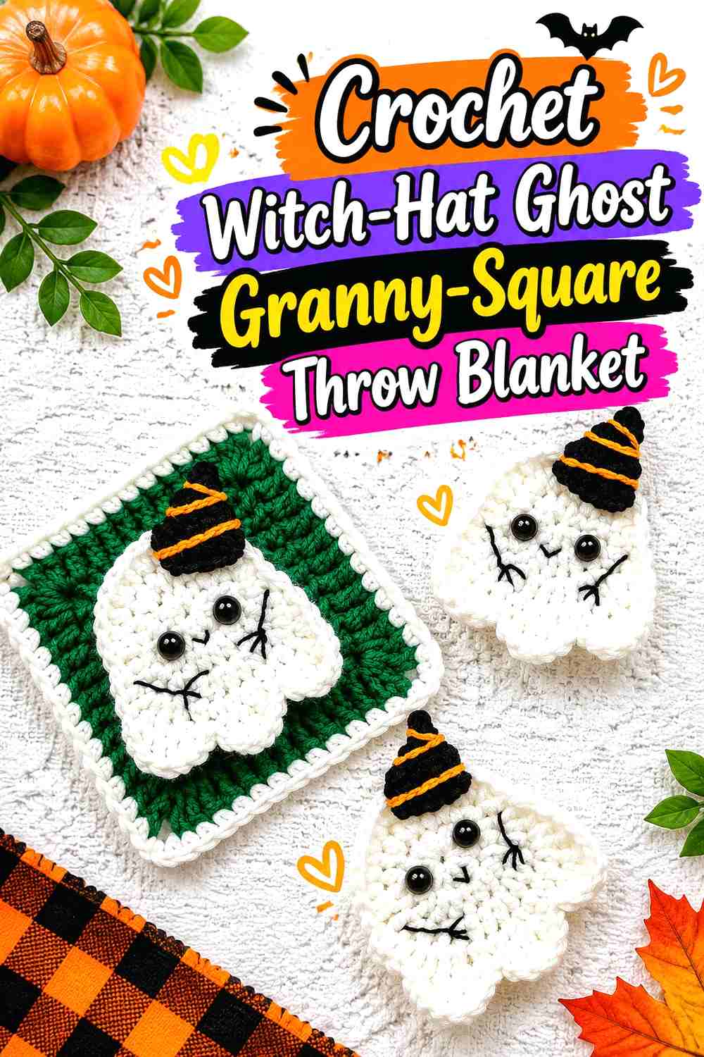 4. Crochet Witch-Hat Ghost Granny-Square Throw Blanket