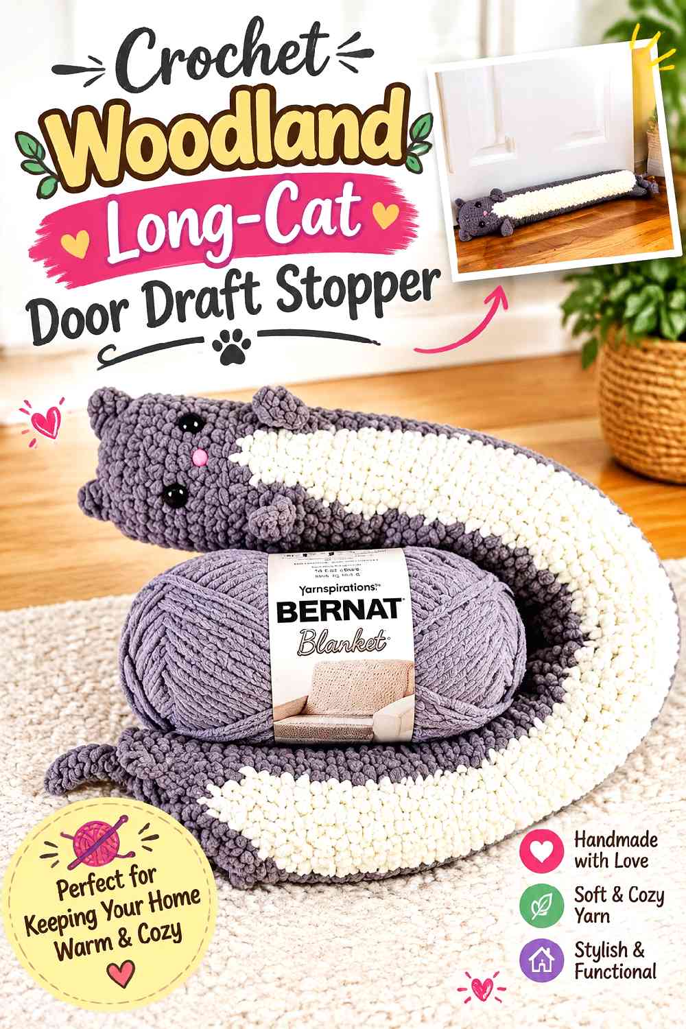 5. Crochet Woodland Long-Cat Door Draft Stopper