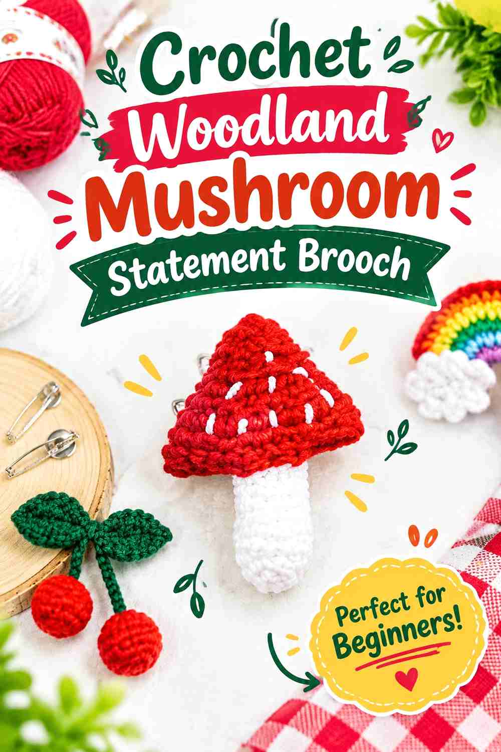 4. Crochet Woodland Mushroom Statement Brooch
