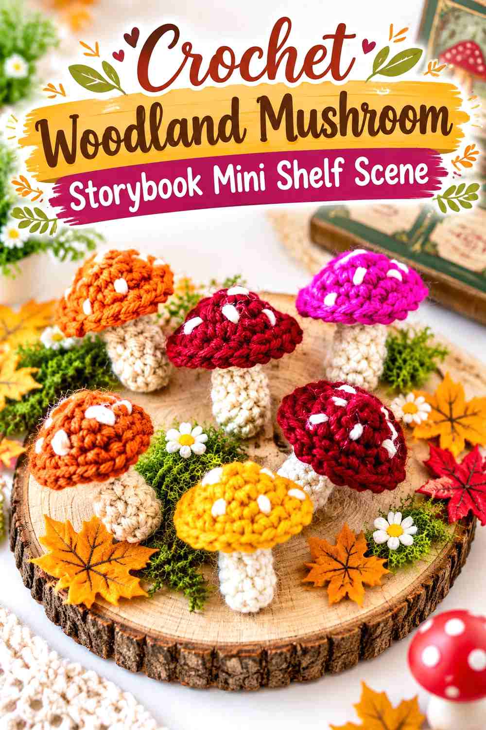 13. Crochet Woodland Mushroom Storybook Mini Shelf Scene