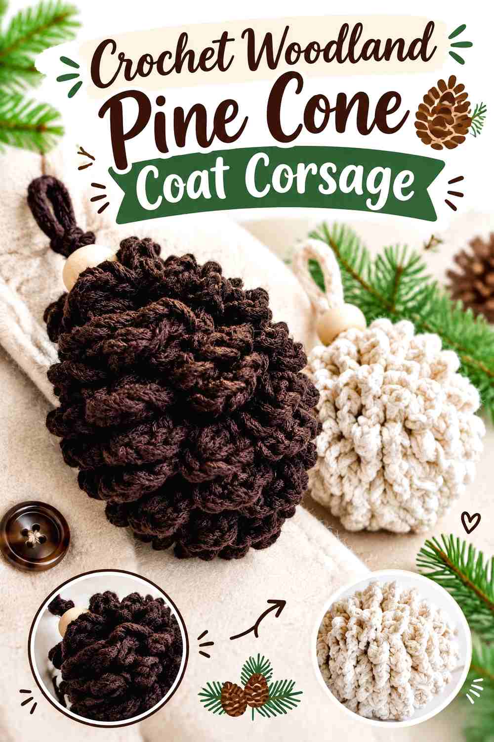 7. Crochet Woodland Pine Cone Coat Corsage