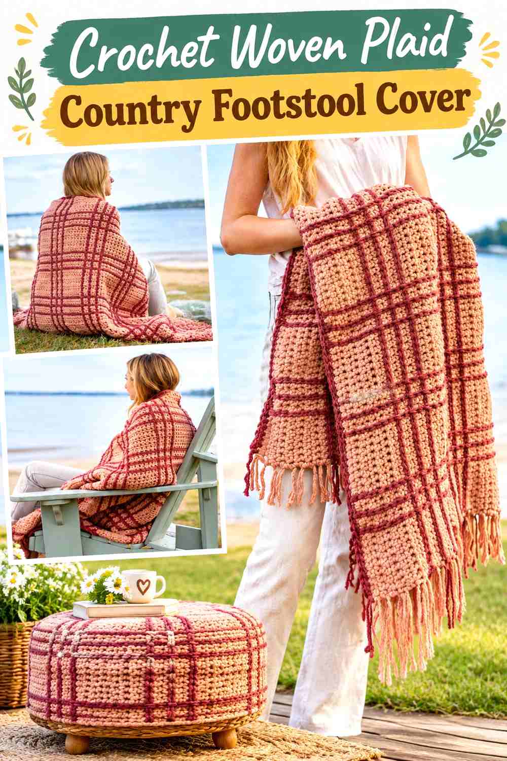 2. Crochet Woven Plaid Country Footstool Cover