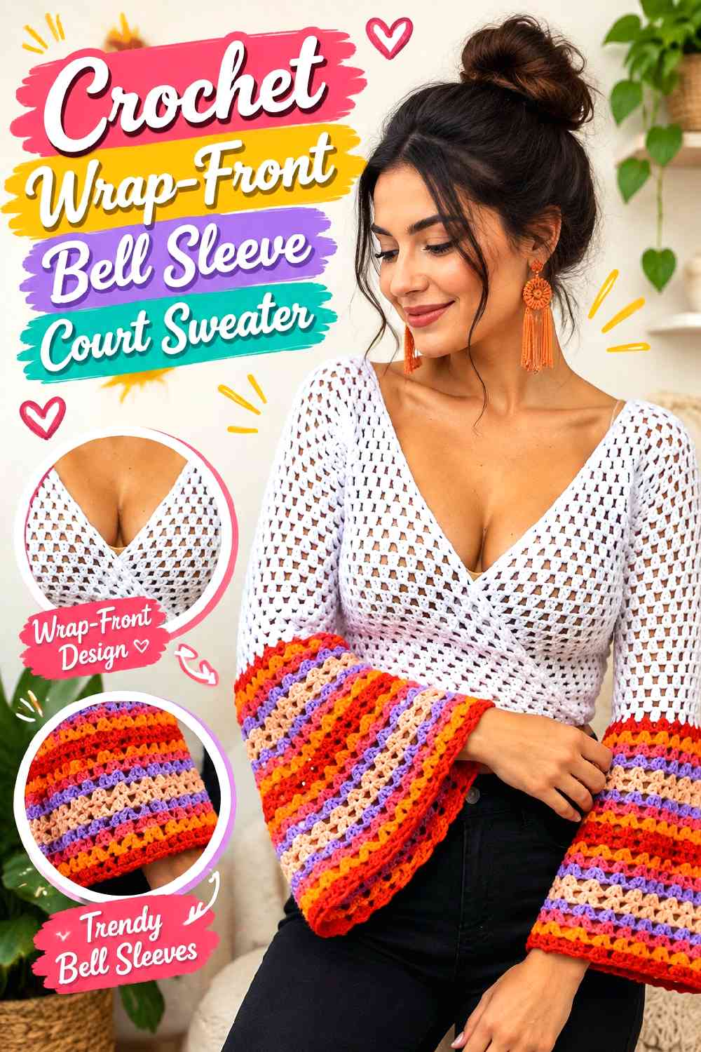2. Crochet Wrap-Front Bell Sleeve Court Sweater