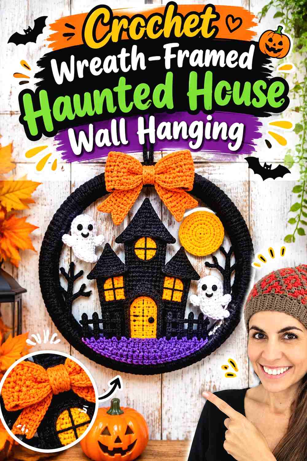 13. Crochet Wreath Framed Haunted House Wall Hanging