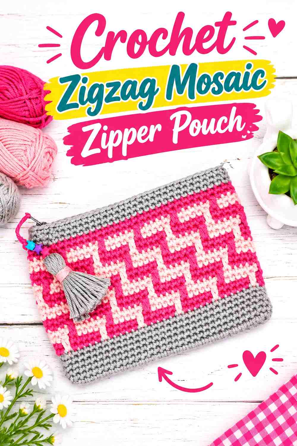8. Crochet Zigzag Mosaic Zipper Pouch