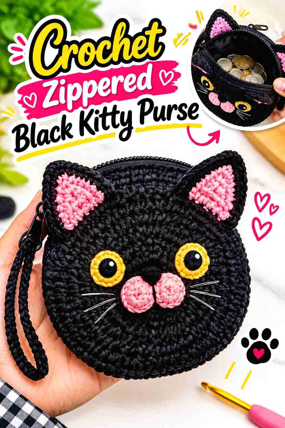 6. Crochet Zippered Black Kitty Purse