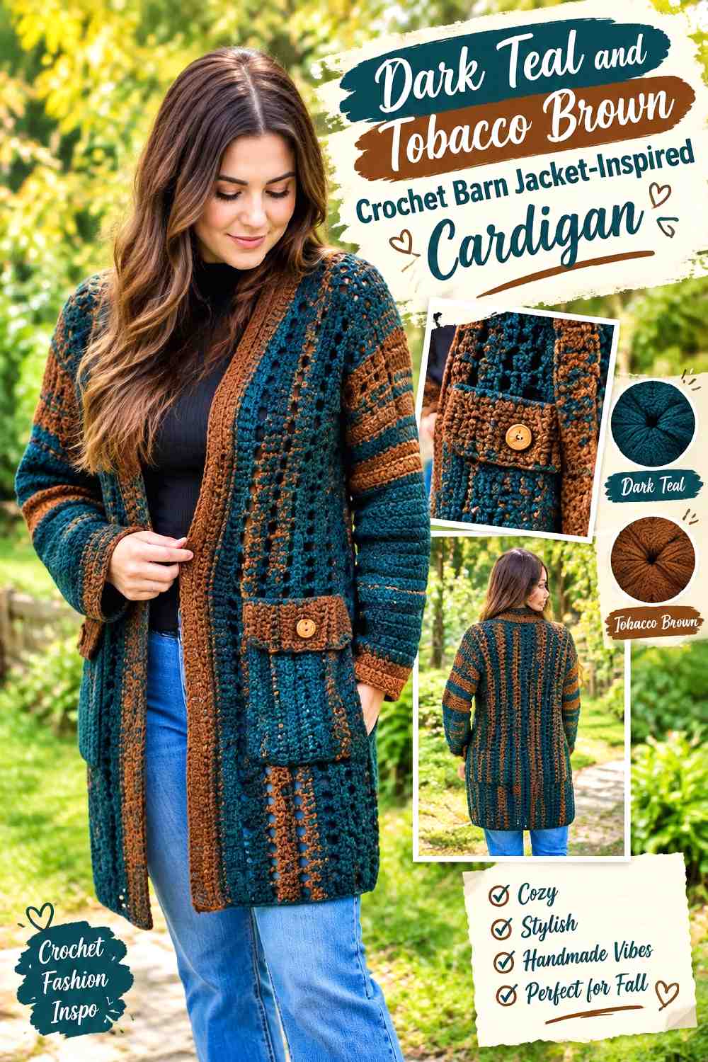 17. Dark Teal And Tobacco Brown Crochet Barn Jacket Inspired Cardigan