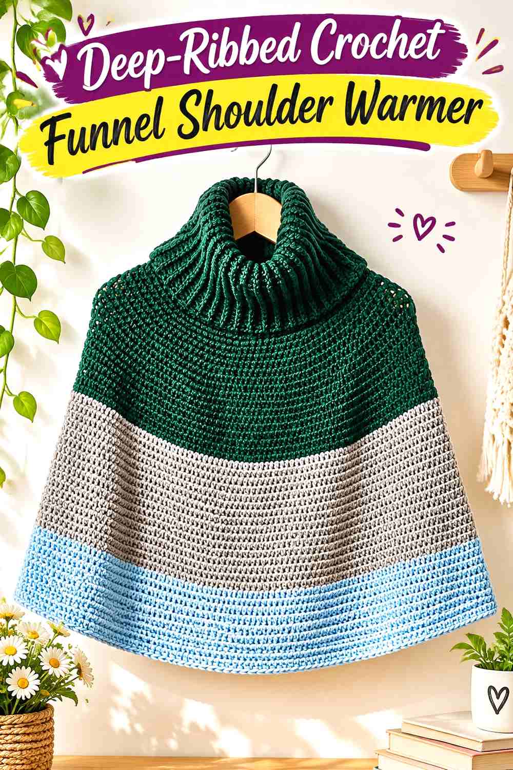 14. Deep-Ribbed Crochet Funnel Shoulder Warmer