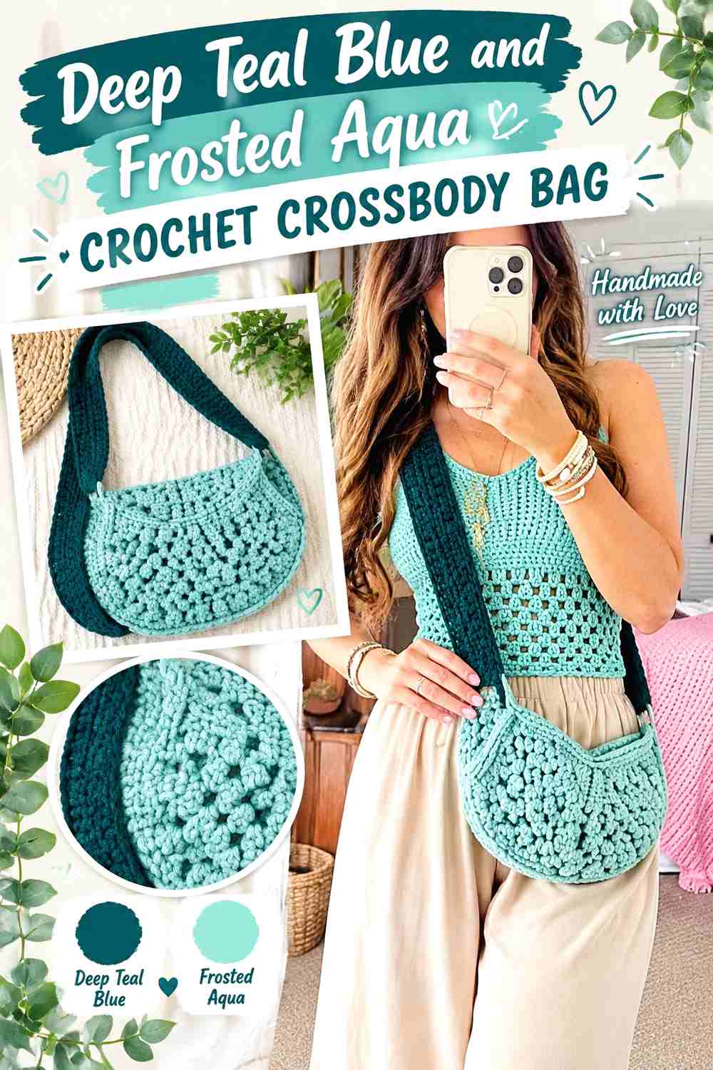 7. Deep Teal Blue And Frosted Aqua Crochet Crossbody Bag