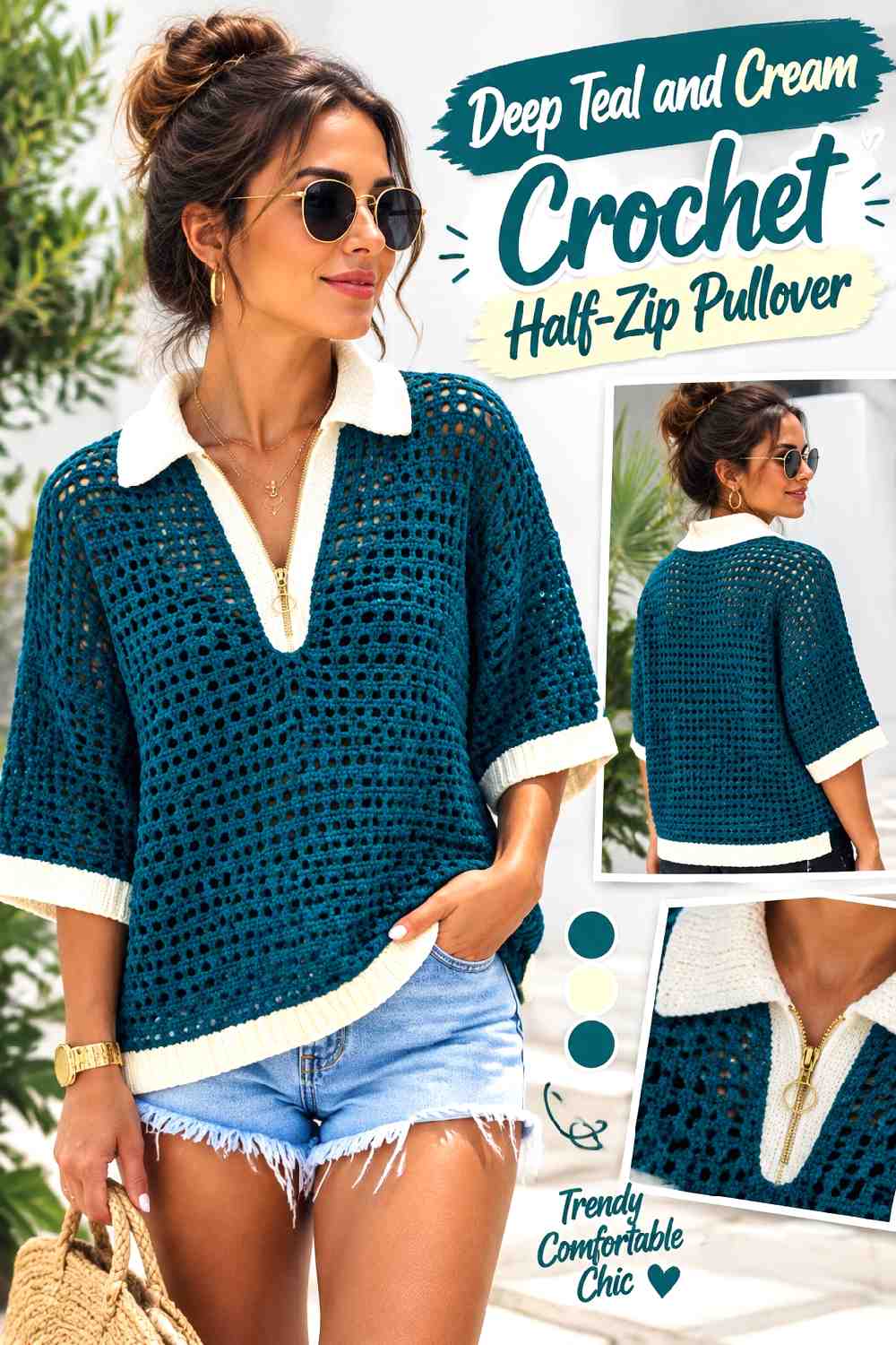 10. Deep Teal And Cream Crochet Half Zip Pullover