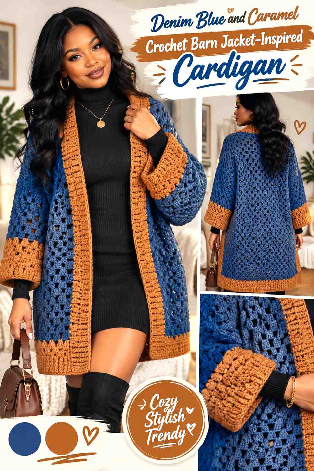 11. Denim Blue And Caramel Crochet Barn Jacket Inspired Cardigan