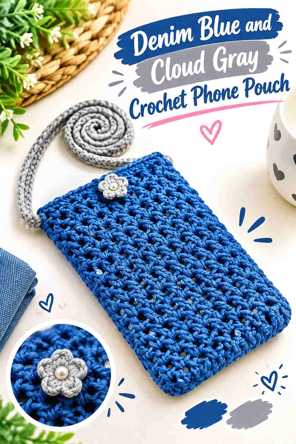 6. Denim Blue And Cloud Gray Crochet Phone Pouch