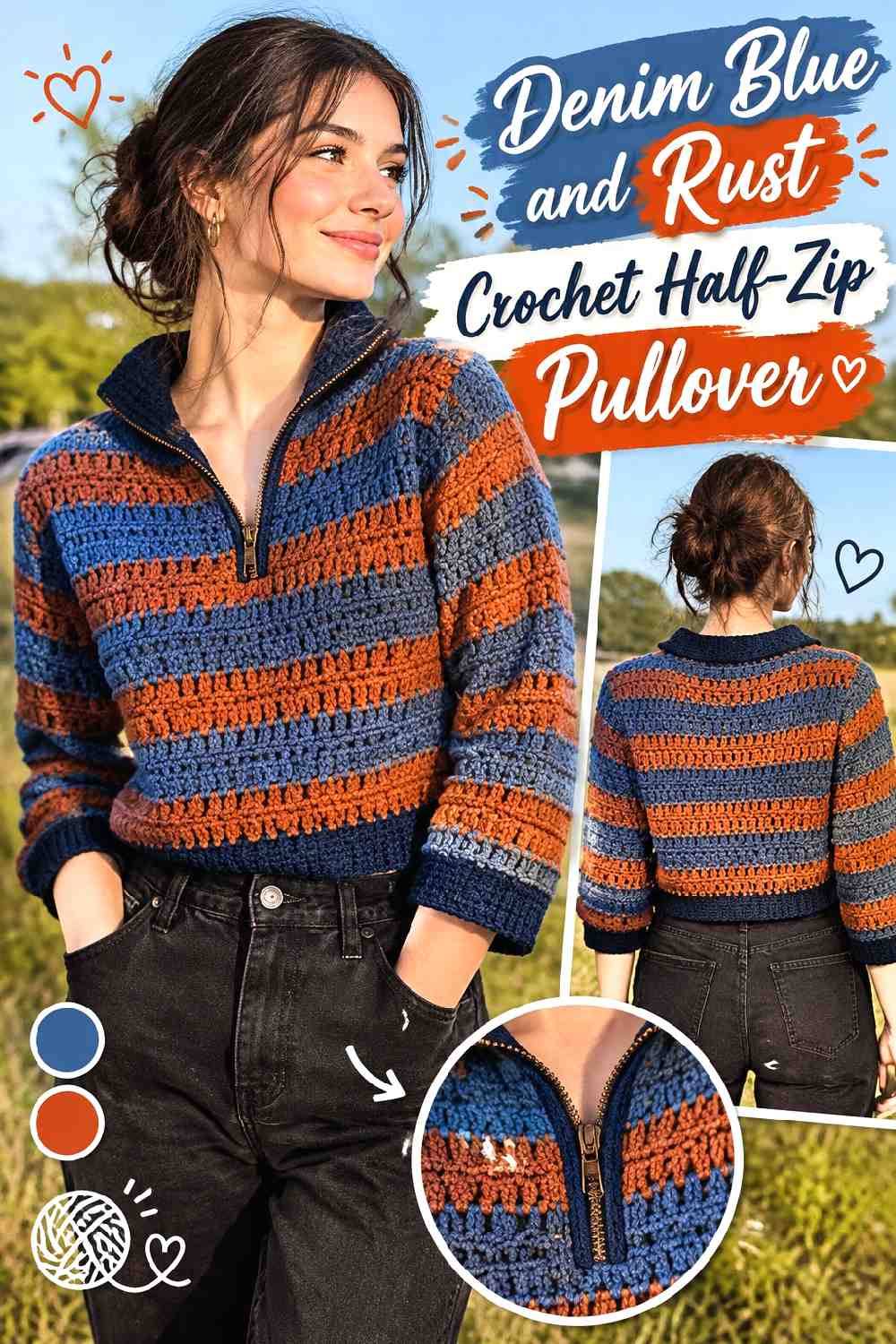 13. Denim Blue And Rust Crochet Half Zip Pullover