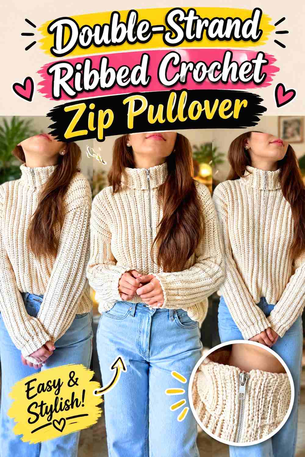 8. Double-Strand Ribbed Crochet Zip Pullover
