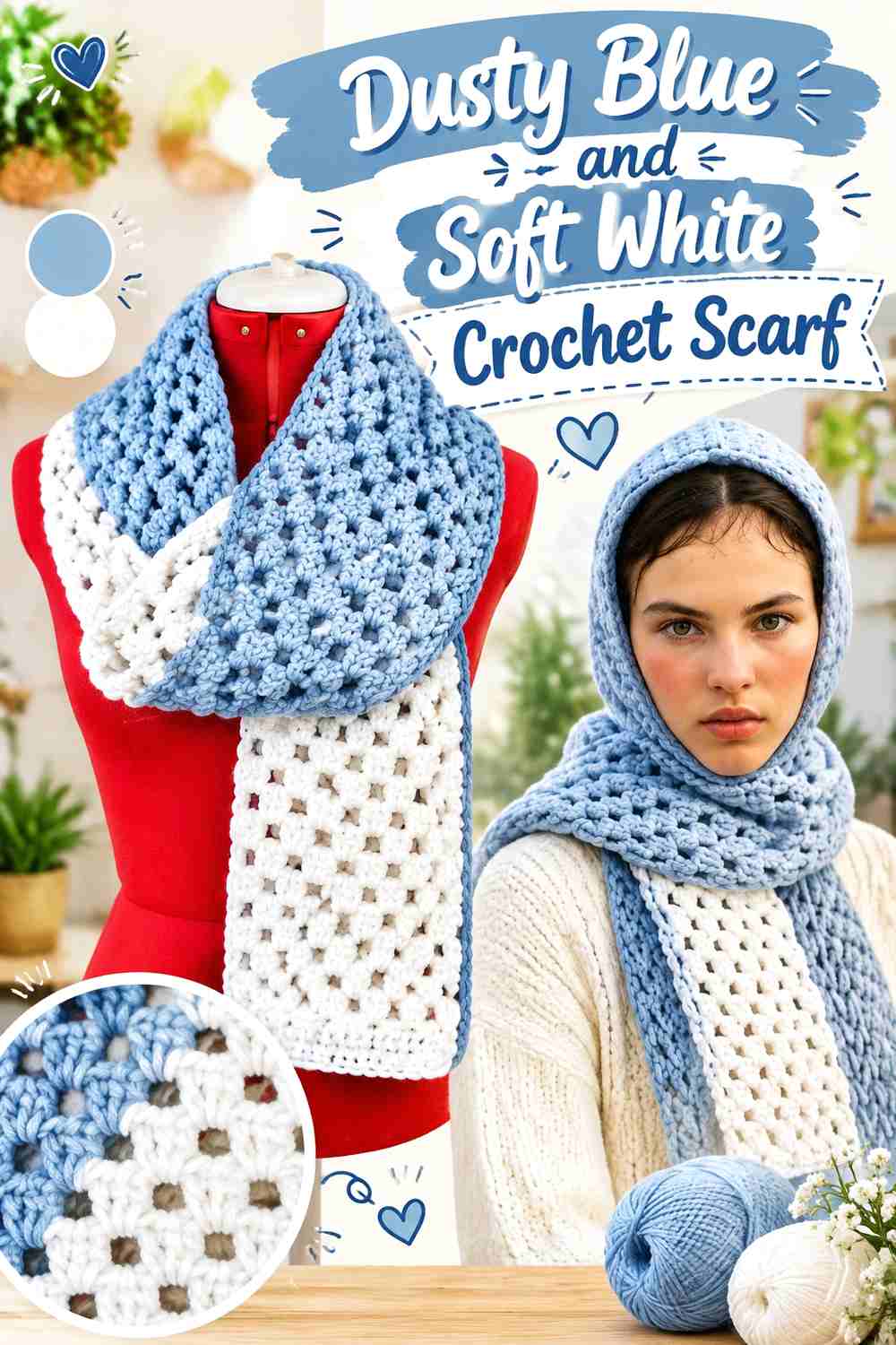 19. Dusty Blue And Soft White Crochet Scarf