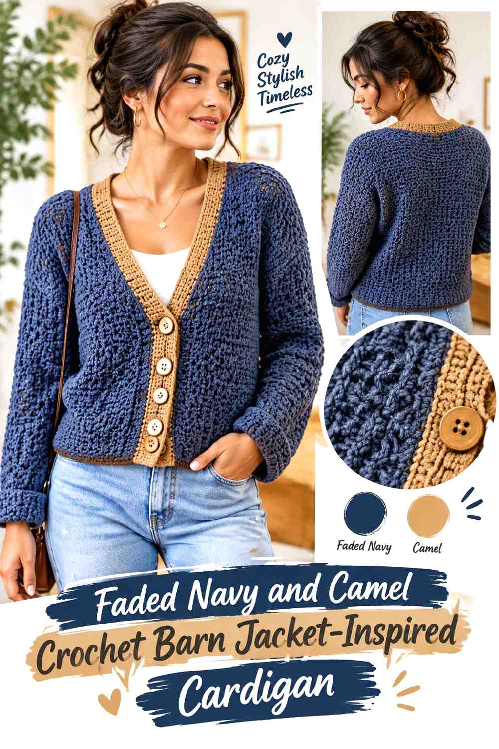 3. Faded Navy And Camel Crochet Barn Jacket Inspired Cardigan
