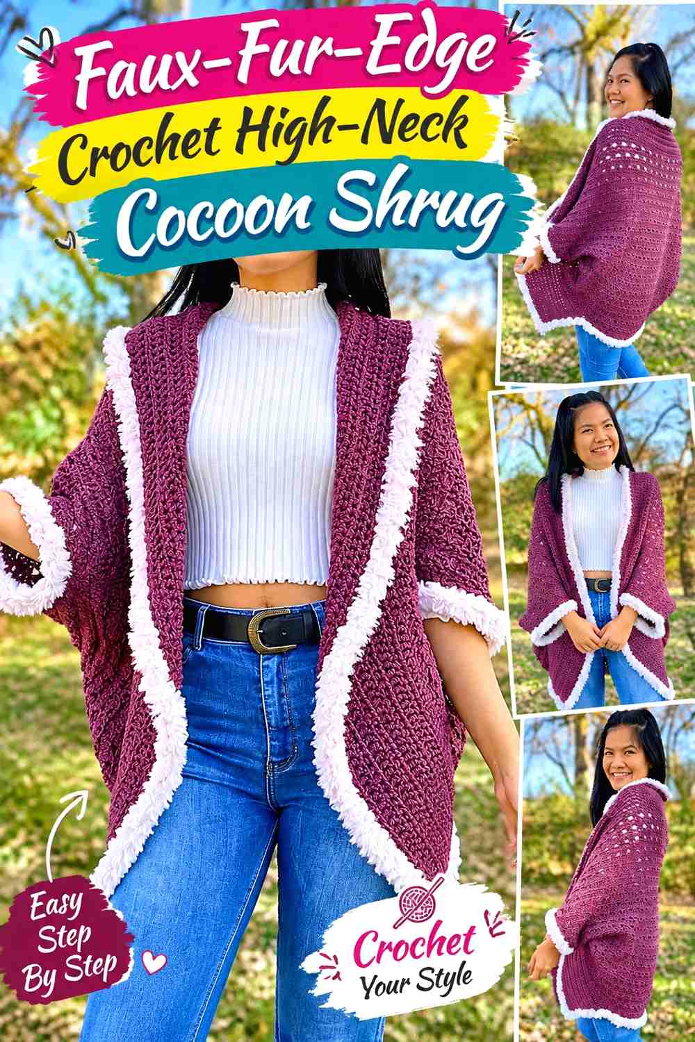 14. Faux-Fur-Edge Crochet High-Neck Cocoon Shrug