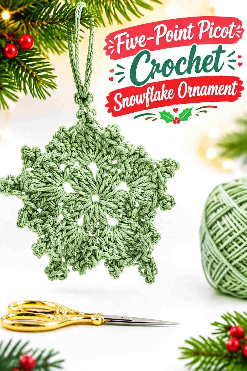 12. Five-Point Picot Crochet Snowflake Ornament