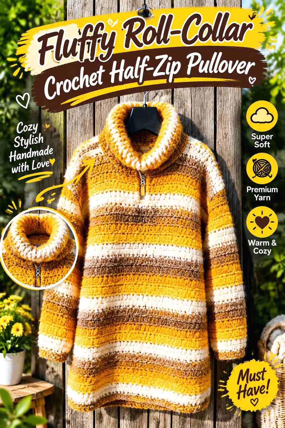 3. Fluffy Roll-Collar Crochet Half-Zip Pullover