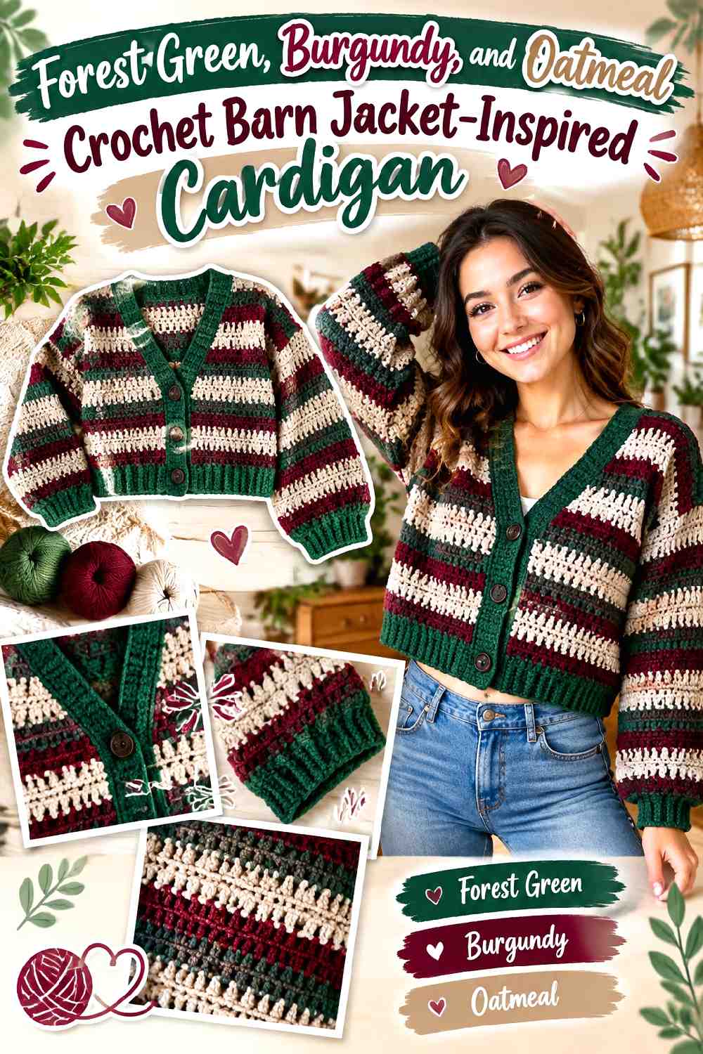 6. Forest Green Burgundy And Oatmeal Crochet Barn Jacket Inspired Cardigan