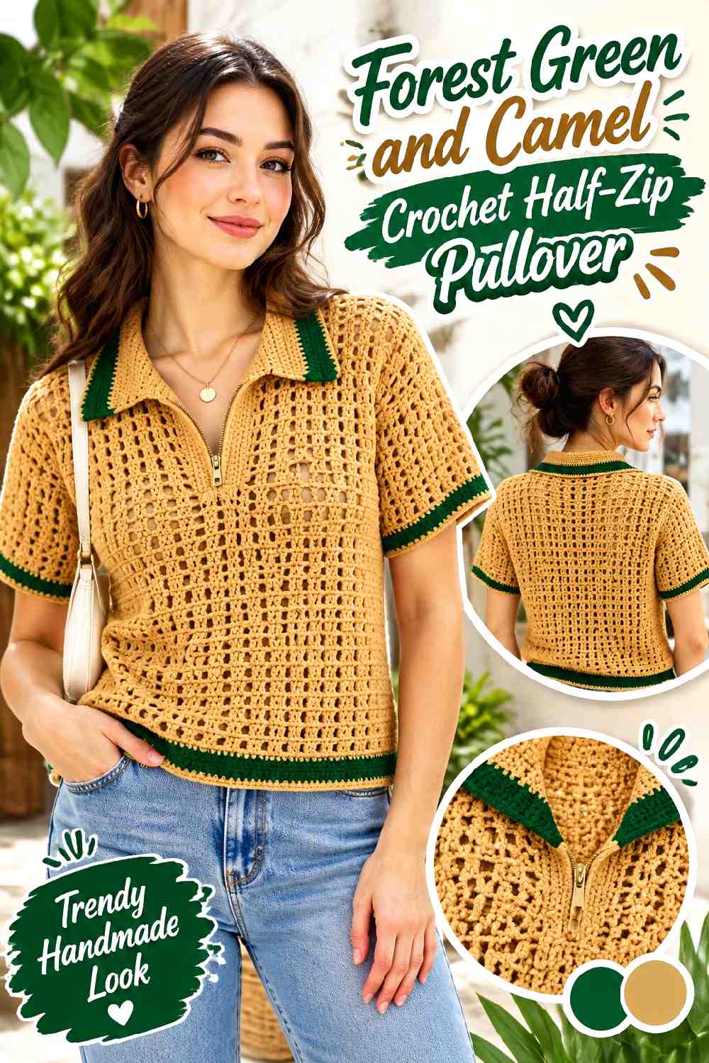 5. Forest Green And Camel Crochet Half Zip Pullover