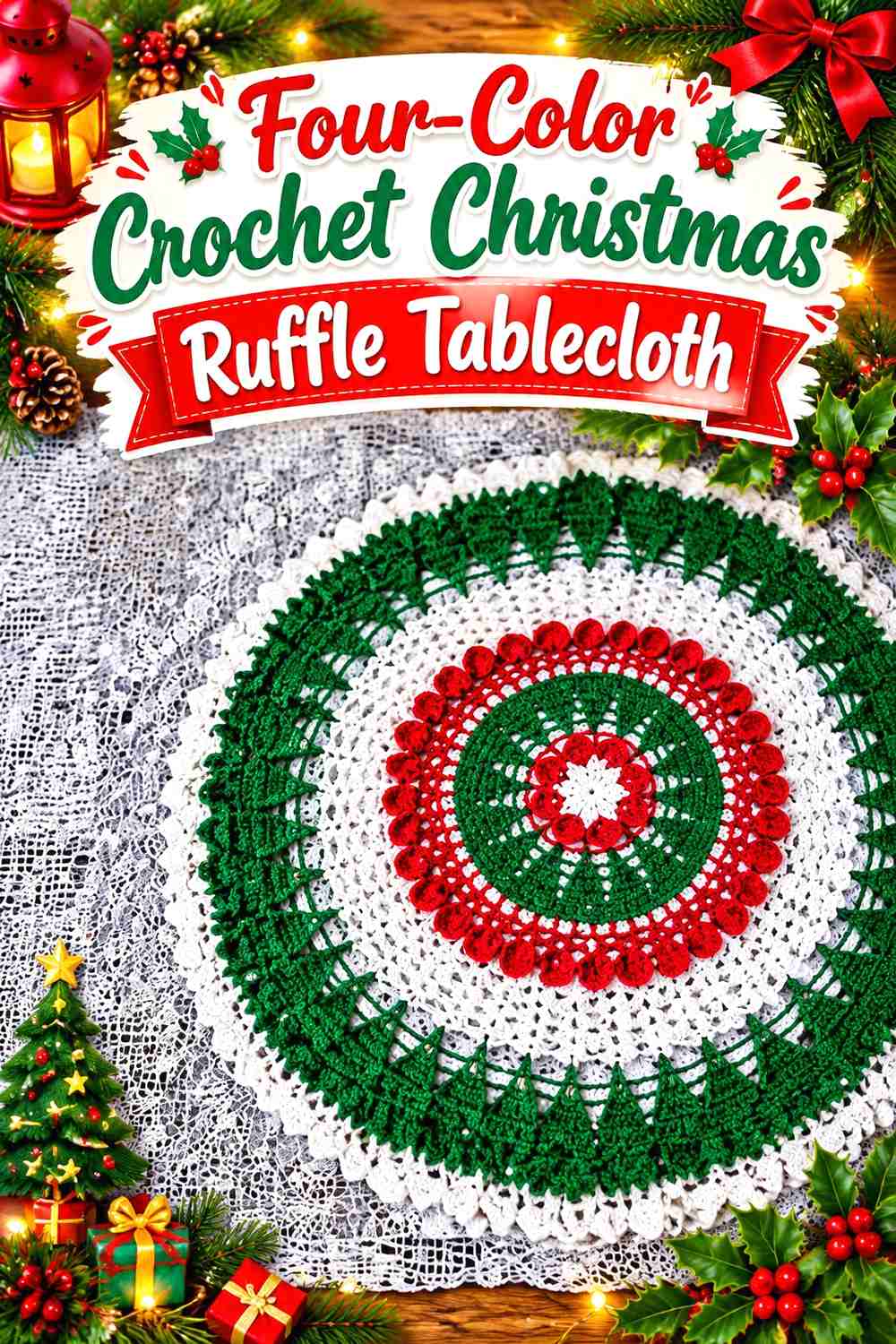 2. Four-Color Crochet Christmas Ruffle Tablecloth