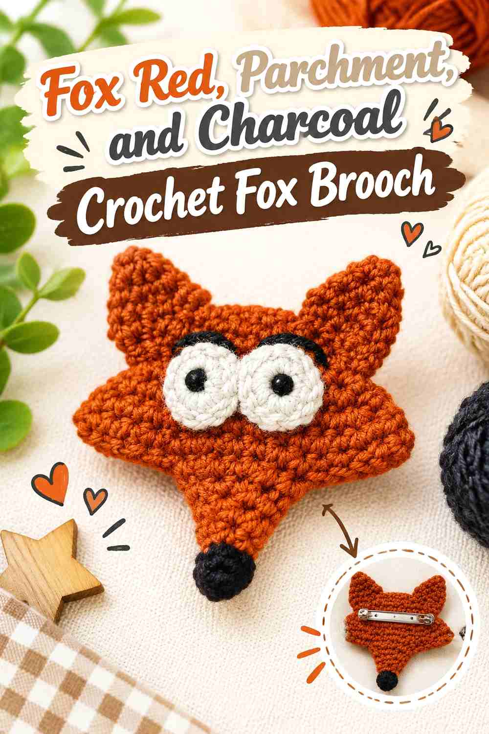 10. Fox Red Parchment And Charcoal Crochet Fox Brooch