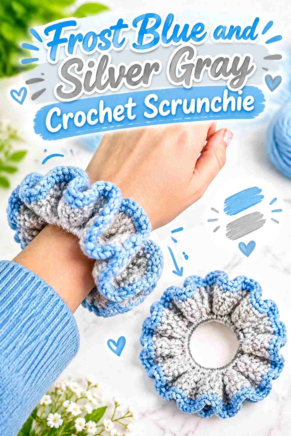 4. Frost Blue And Silver Gray Crochet Scrunchie