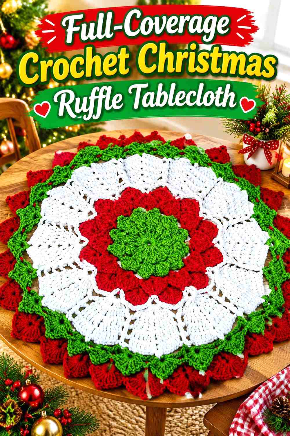 5. Full-Coverage Crochet Christmas Ruffle Tablecloth