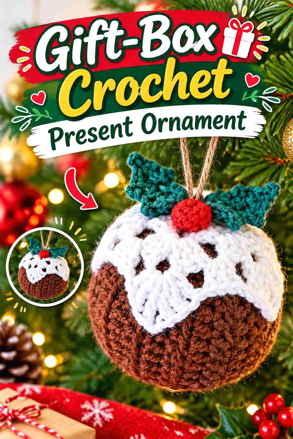 11. Gift-Box Crochet Present Ornament